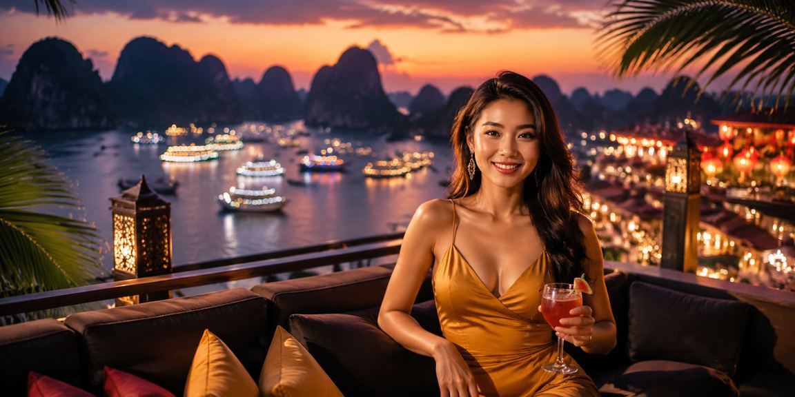 Quang cảnh vịnh Hạ Long về đêm với ánh đèn chợ đêm sôi động bên mặt vịnh